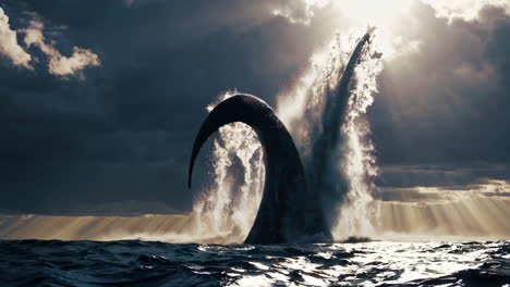 humpback whales jumping in dramatic sunrise/sunset