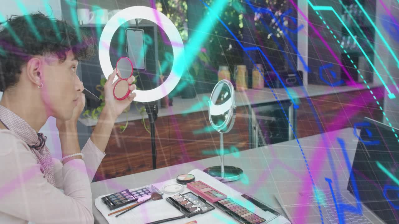 Phone on ring starting rec for content man applying makeup while neon overlays pulsing over face