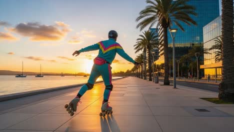 A Vibrant Roller Skater Gliding Along a Palm-Lined Promenade at Sunset, Capturing the Essence of Urban Fun and Outdoor Activity Against a Scenic Waterfront Backdrop