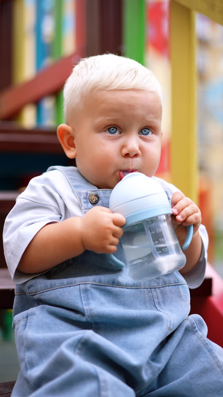Adorable blue-eyed blond baby drinks from a bottle. Lovely toddler kid drinking water at the playground. Vertical video.
