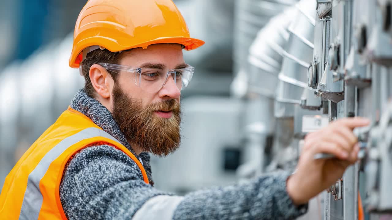 Fokuseret tekniker inspicerer elektrisk udstyr i et industrielt miljø af høj kvalitet og viser sikkerhedsudstyr og sans for detaljer