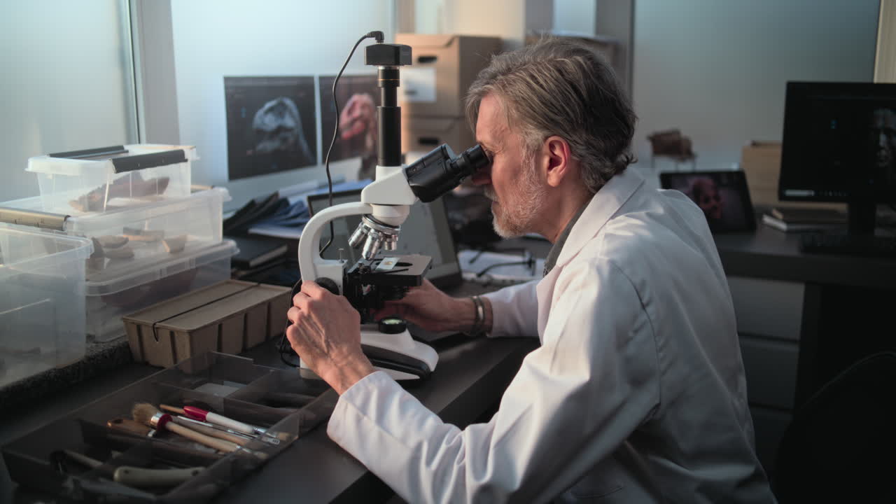 Scientist using a microscope in a paleontology lab