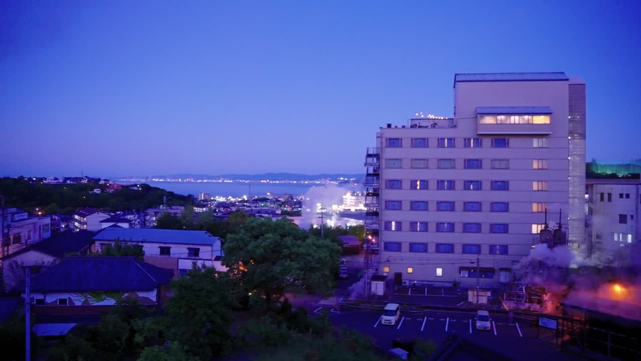 Steam Rising from Neighborhood in Beppu, Onsen Hot Spring Town in Japan