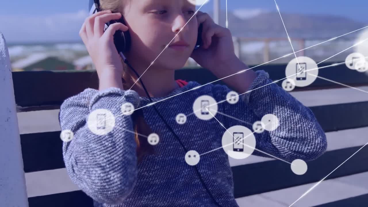 헤드폰을 착용하고 음악을 듣는 소녀에 대한 연결 아이콘의 네트워크