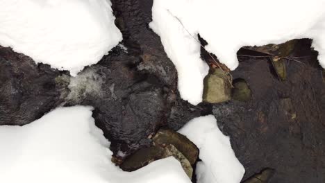 top down view of flowing river over rocks surrounded by snow in winter