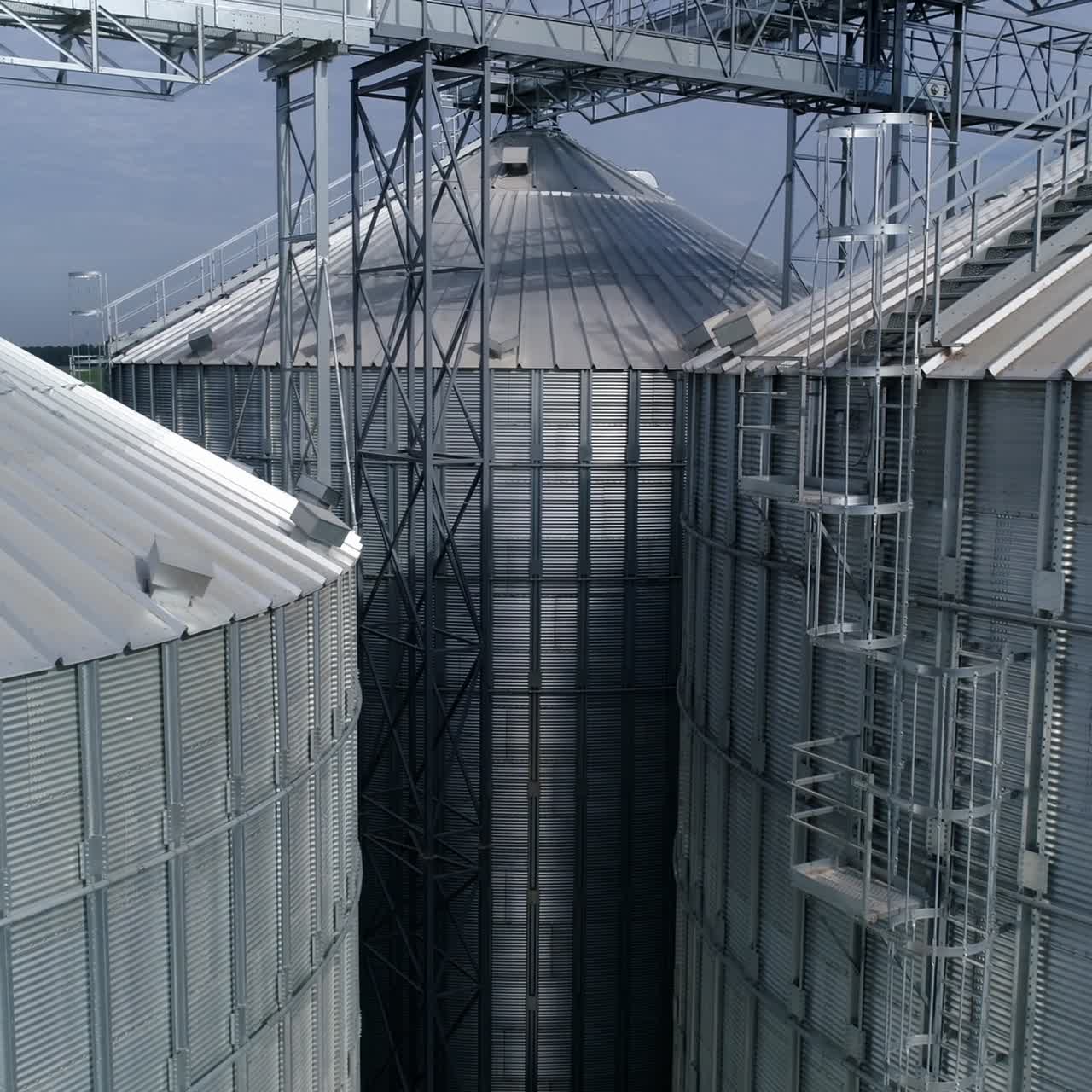 Esterno di grandi granai metallici. Silos argentati per la conservazione del raccolto. Moderni locali hangar. Serbatoi di stoccaggio agricoli. Vista da drone.