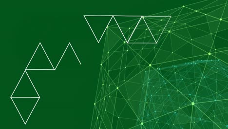 animación de puntos conectados iluminados que forman un globo y una estructura triangular sobre fondo verde
