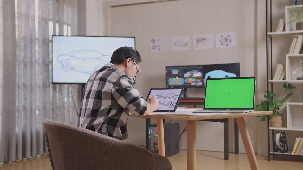 테이블릿을 에 초록색 화면 노트북과 tv와 컴퓨터를 가진 스튜디오에서 3d 전기 자동차 모델을 표시하는 동안 자동차 개념을 그리는 아시아 남성의 측면 뷰