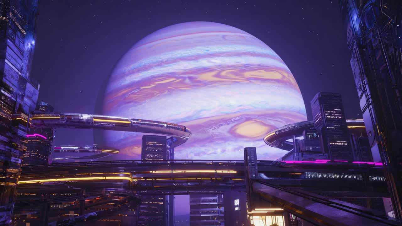 Futuristic Cityscape with Jupiter in the Sky