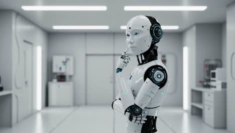 futuristic robot contemplating in a sleek laboratory environment: an exploration of cutting-edge technology and artificial intelligence in robotics