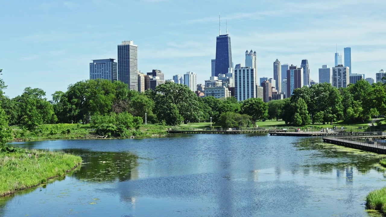 Vista do Horizonte da Cidade com Árvores e Água Durante o Dia em um Parque Perto de Chicago