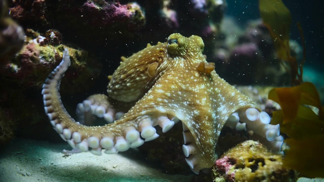 Un polpo che emerge da una fessura in un acquario, estendendo più braccia ed esplorando sabbia, roccia e detriti.