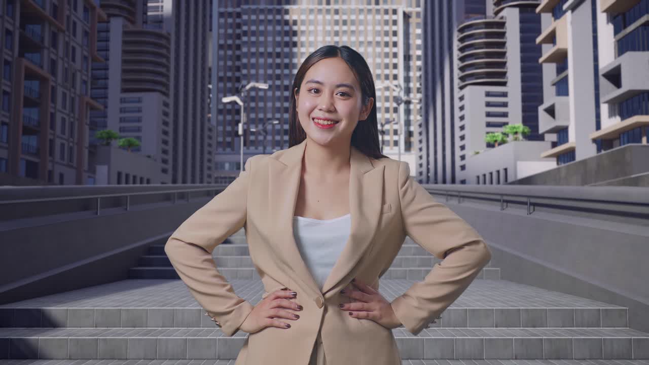 도시 거리에서 따뜻하게 미소 짓는 아시아 사업가