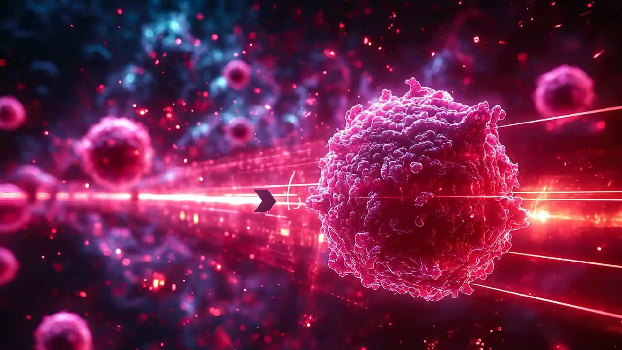 Cells move through colorful background while light beams create patterns in a scientific visual representation of microscopic activity