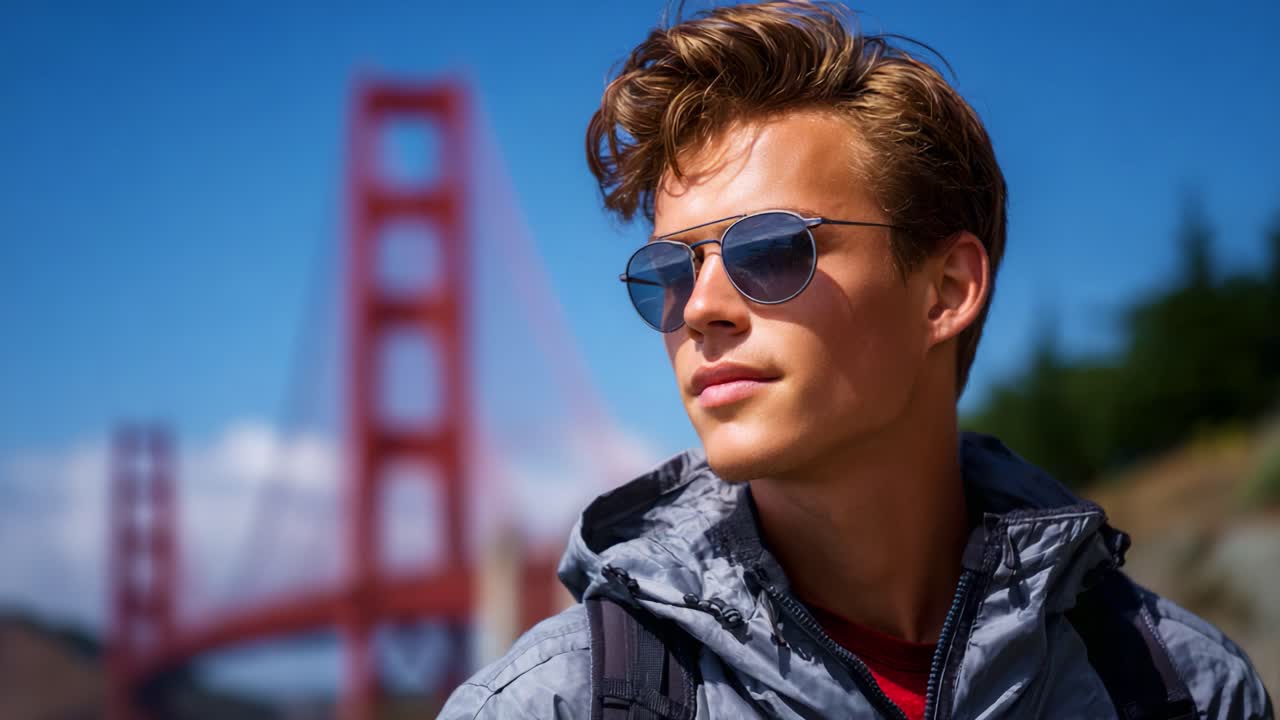 Joven con gafas de sol sobre un fondo vibrante, que muestra confianza y estilo en un paisaje urbano pintoresco, perfecto para los amantes de los viajes y la fotografía