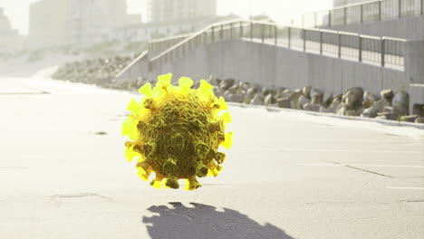 virus illustration glows under sunlight on deserted coastal pathway