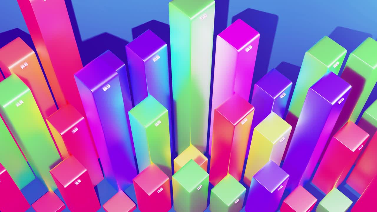 hermoso fondo en bucle 3d para programas analíticos con infografías abstractas, datos estadísticos. barras multicolores, contadores y gráficos. columnas 3d se mueven suavemente arriba y abajo en bucle. bg financiero