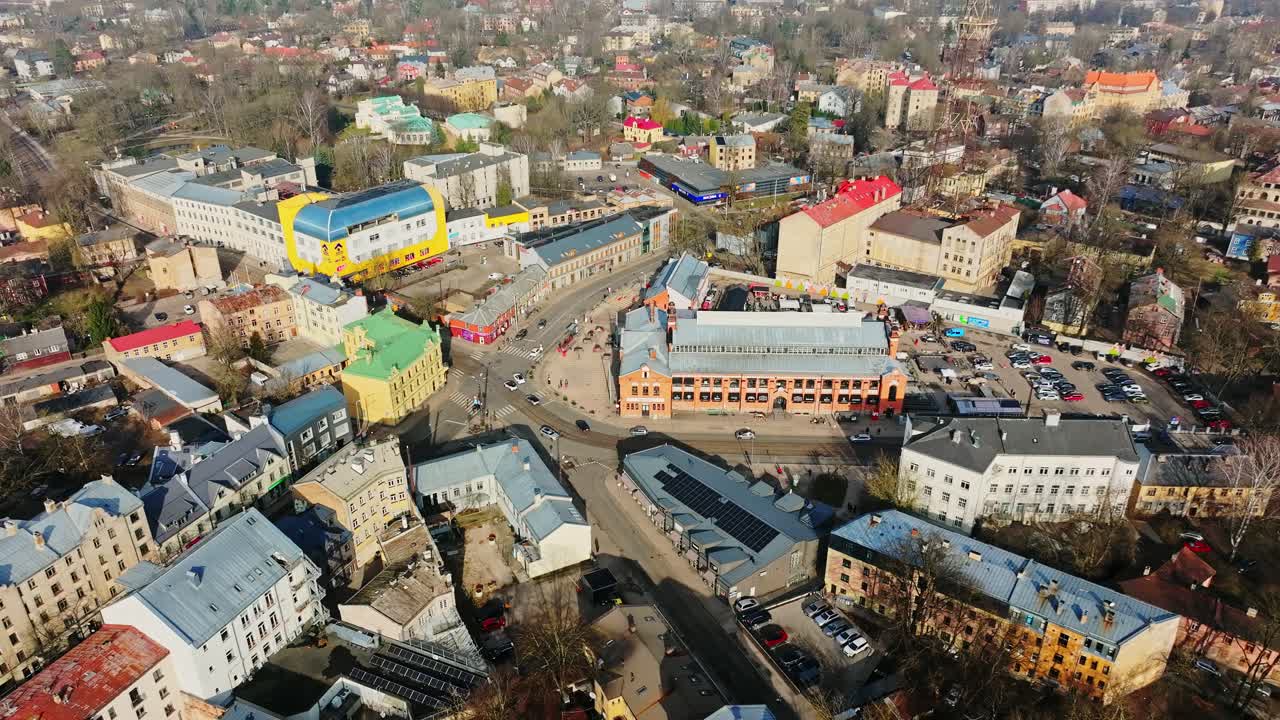 Spectacular sunny aerial over Āgenskalns Market in Riga on a vibrant spring day
