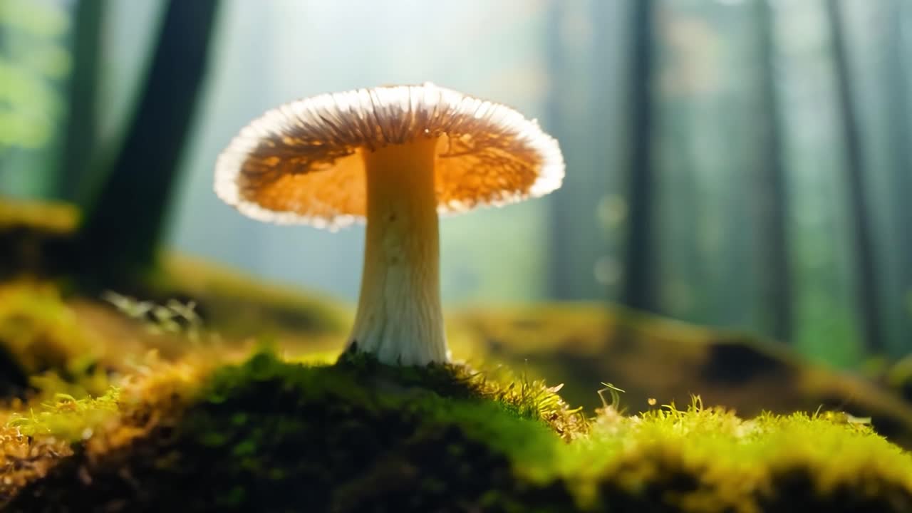 Sunlight shining through a mushroom cap highlights its growth on a mossy forest floor, creating a serene natural scene