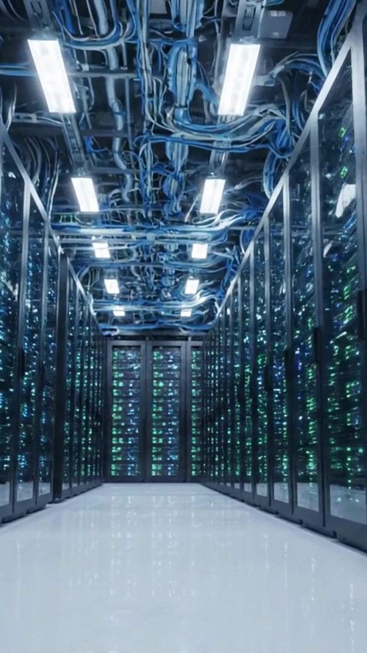 Esplorando un moderno data center: un viaggio visivo attraverso l'infrastruttura di rete e server avanzata catturato in fotogrammi dinamici.