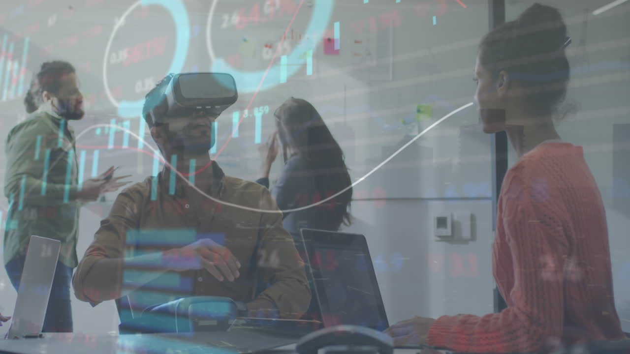 Animation of network of connections over business people in office