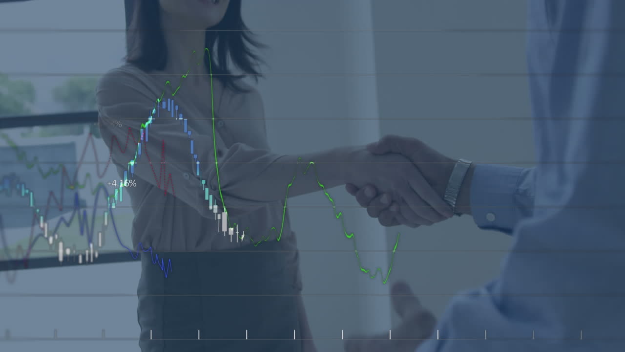 animación del procesamiento de datos financieros sobre el apretón de manos de un hombre de negocios