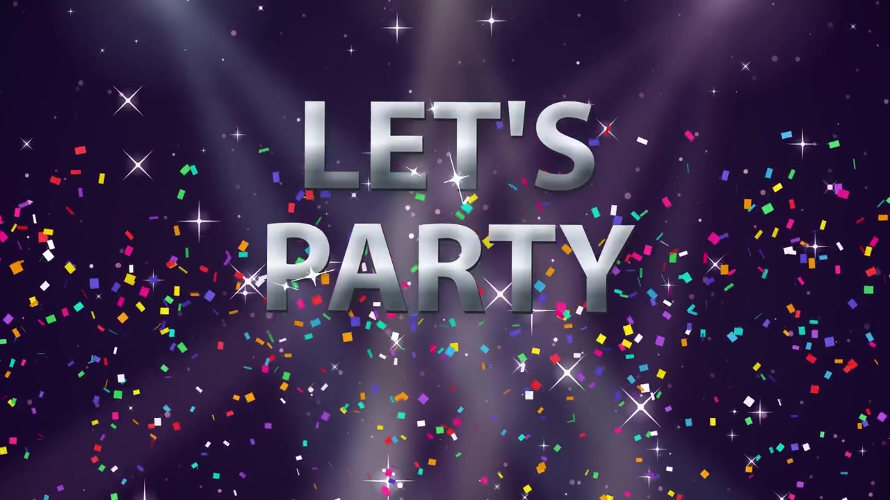 Silver text appears over falling colorful confetti and sweeping stage spotlights on dark background.