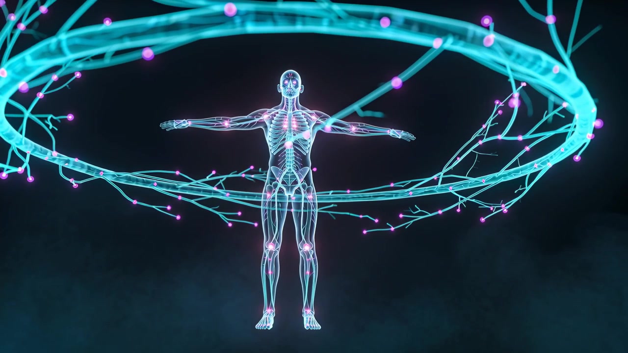 Rotating cyan ring pulling pink filaments toward wireframe model in dark void, showing neural link