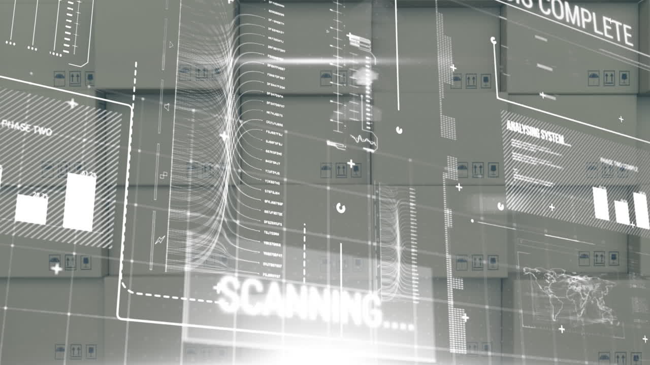 Animation of data processing over stack of cardboard boxes