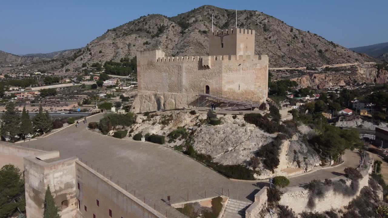 Aerial approach to the moors castle of Petrer and El Cid mountain, Spain