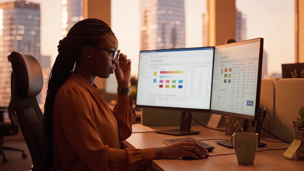 Profesional Fokus Menganalisis Data pada Monitor Ganda di Lingkungan Kantor Modern Saat Matahari Terbenam, Menampilkan Teknologi dan Dinamika Tempat Kerja