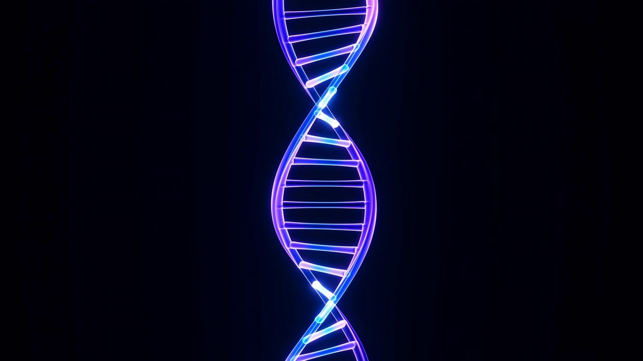 A luminous double helix stands centered against a dark backdrop, with blue and purple neon lighting creating a clean futuristic science and technology look