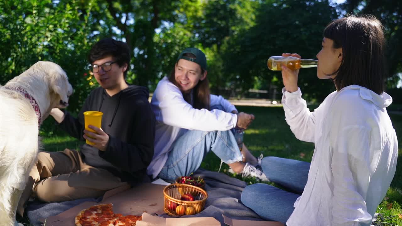 친구 들 이 개 와 함께 공원 에서 피크닉 을 즐기고 있다