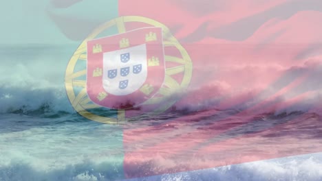 Animation-Der-Flagge-Portugals,-Die-über-Der-Meereslandschaft-Weht