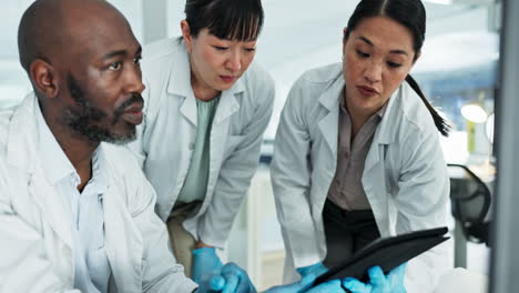 teamwork, computer or scientists talking in lab