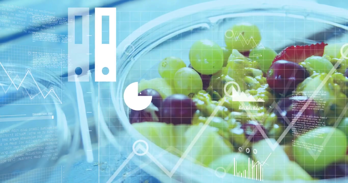 Hvite HUD-overlegg vises over en klar fruktskål, grafer stiger og visualiserer data