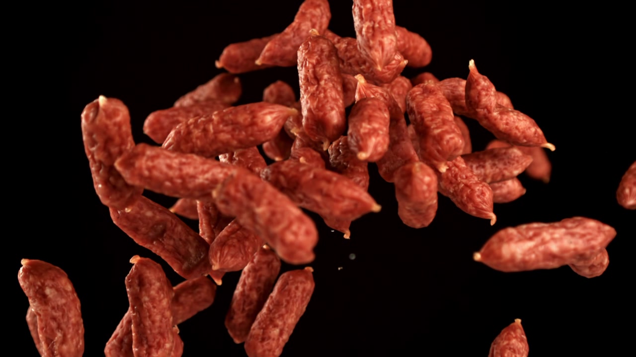 Mini kiełbaski salami spadające w zwolnionym tempie na czarnym tle