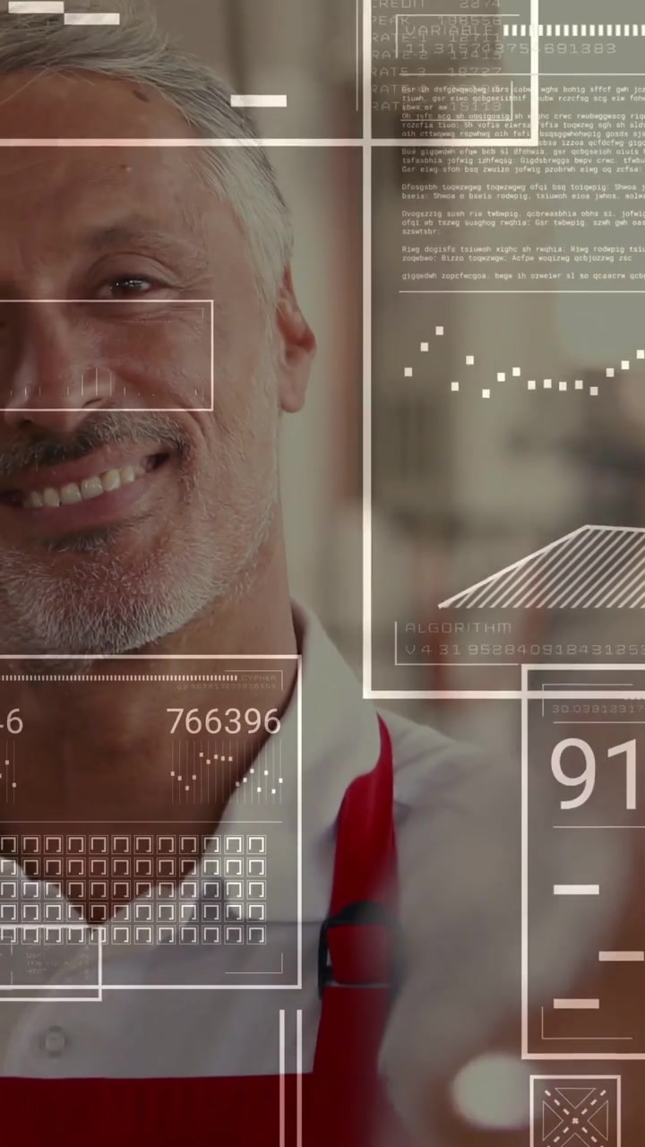 Vertical video: Camera panning HUD appearing showing wrapped treats over baker smiling sharing data
