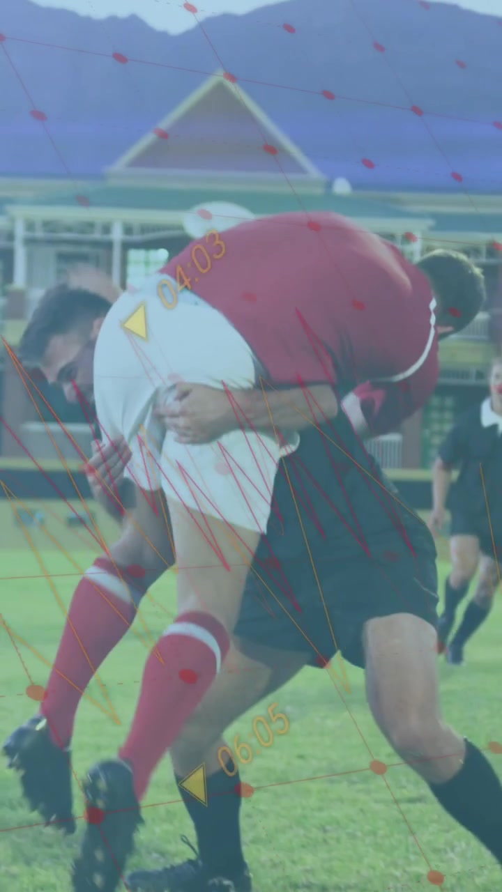 Animación de procesamiento de datos sobre diversos jugadores de rugby en un estadio