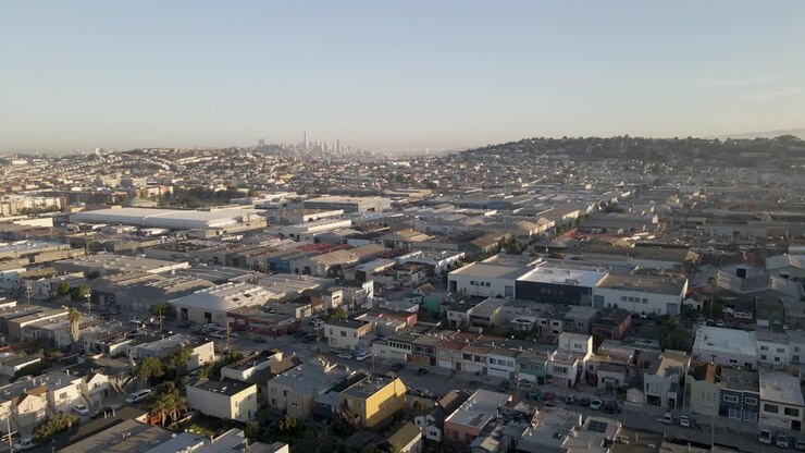 This drone footage captures a serene flyby over the Bayview neighborhood in San Francisco