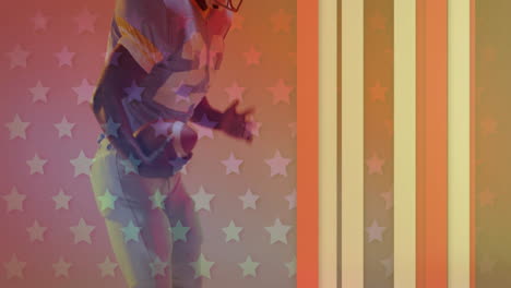 animation of african american american football player with ball and flag of usa