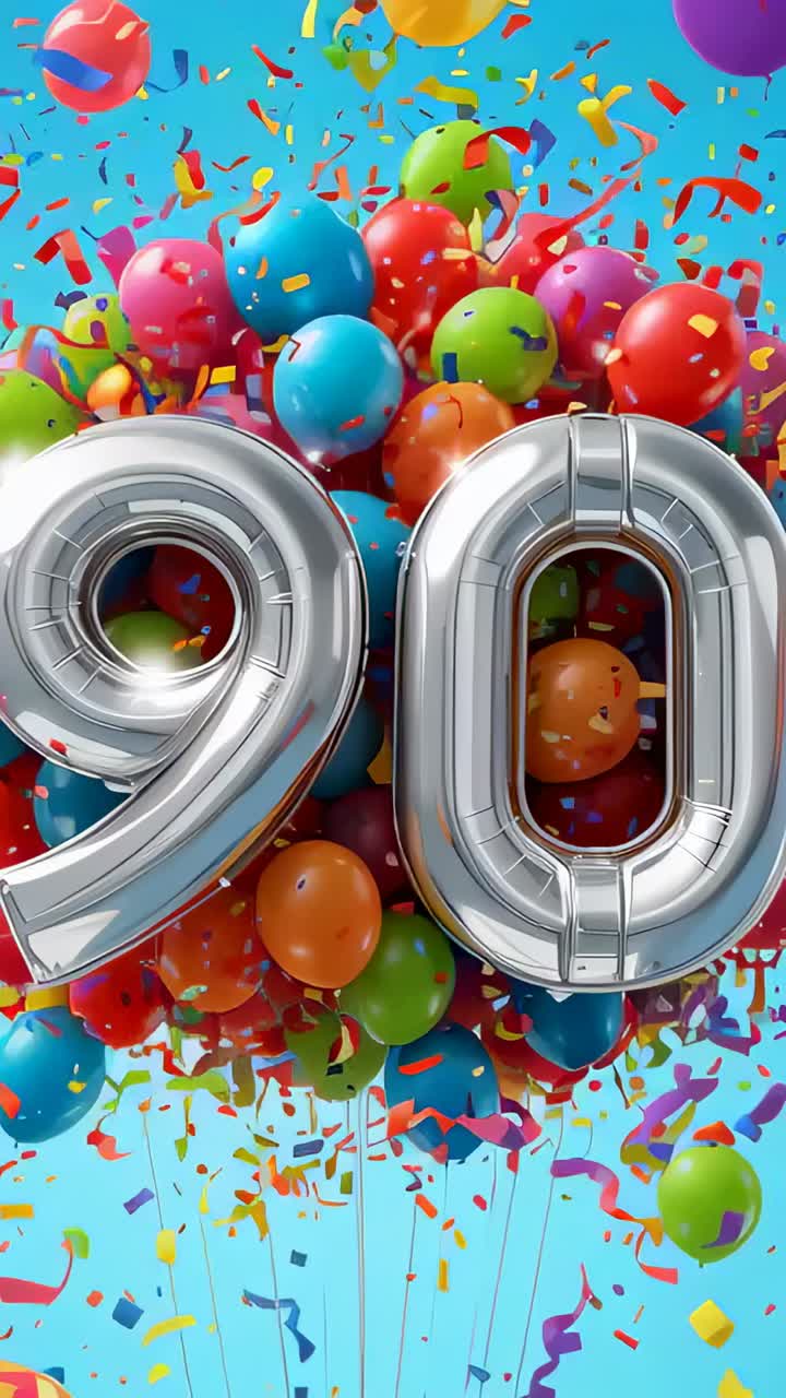 Vertical video: Releasing confetti sending silver 90, latex balloons shining at party for milestone