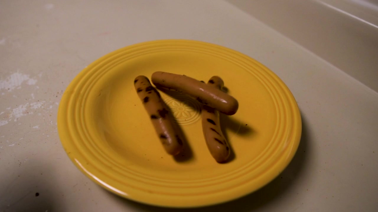 Hot Dogs being thrown on a Plate in slow motion