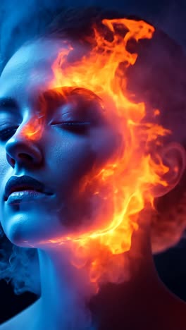 woman with fiery facial effects in artistic portrait photography