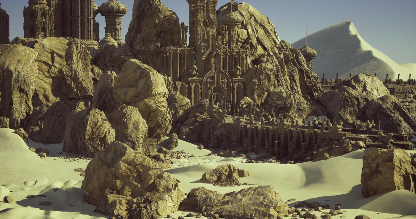 Bright dusk illuminates mysterious fortress and sandy surroundings breathlessly