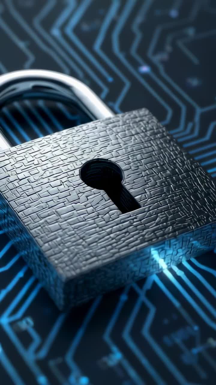 Vertical video: Panning metallic padlock revealing textured body on circuit board, with blue traces