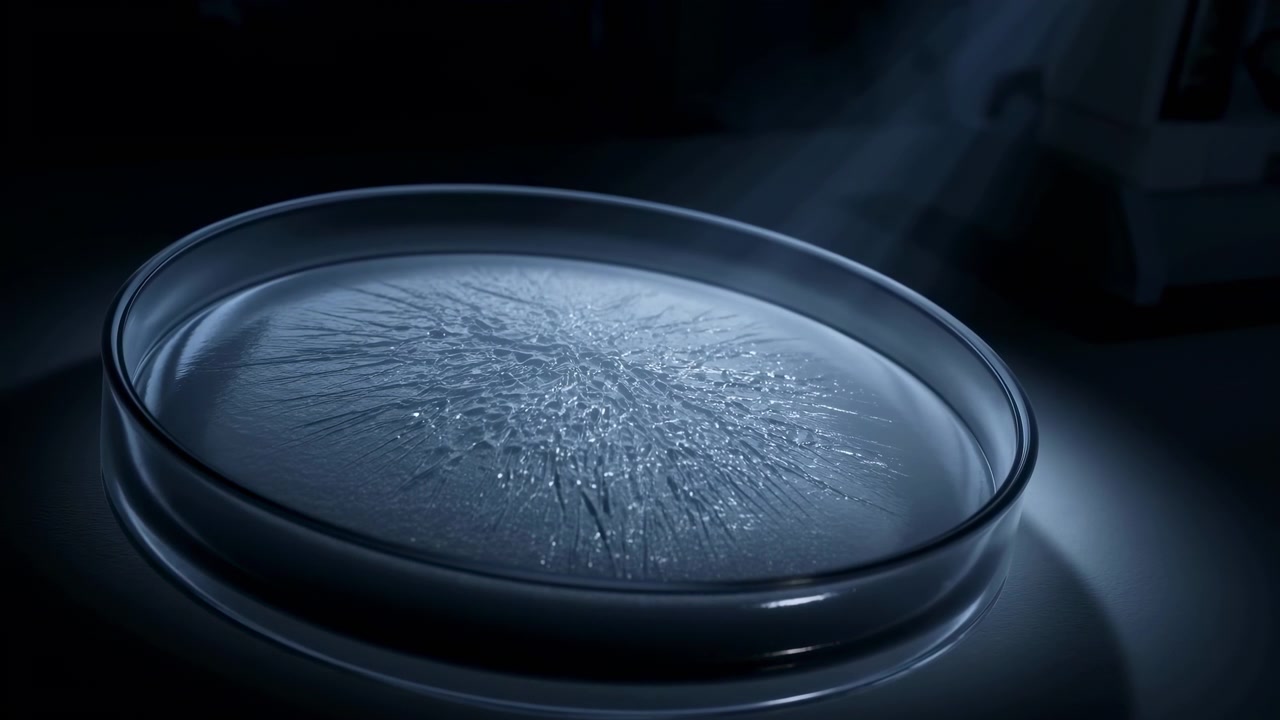 Linee cristalline ramificate si espandono dal centro verso i bordi di un piatto trasparente mentre la superficie si congela, mentre una fredda illuminazione blu evidenzia il bordo del vetro, la texture e l'ambiente scuro circostante