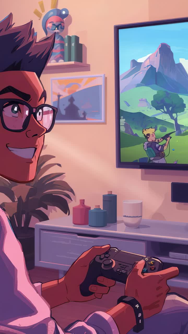 Vertical video: Reacting to game movement, male gamer in light tee adjusting pad by TV, copy space