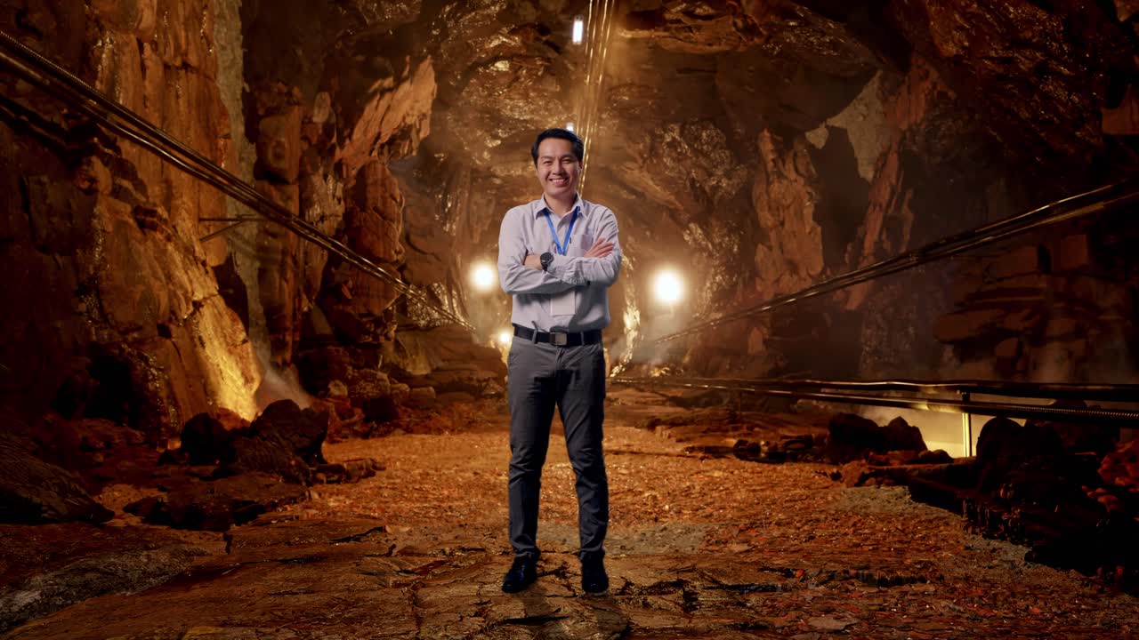 Full Body Shot Captures Of An Asian Male Professional Worker Standing In Underground Mine Tunnel, His Broad Smile At The Camera And Cross His Arm Over His Chest