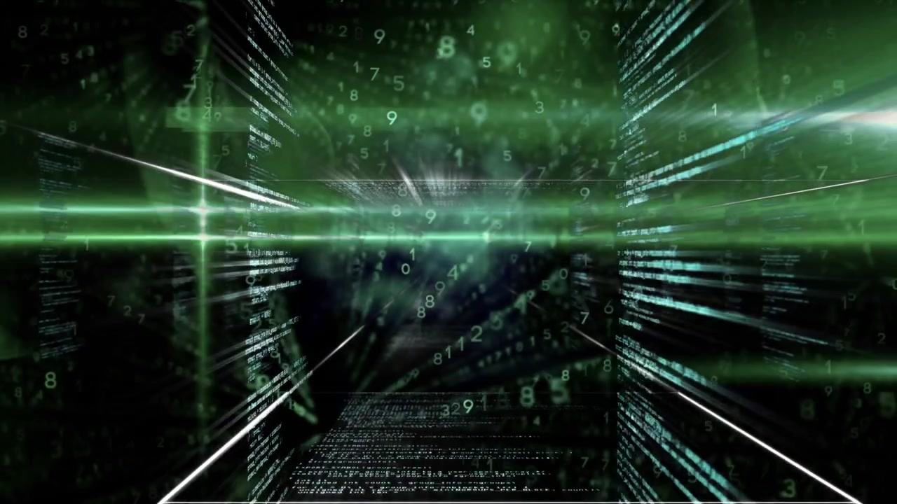 Animation of data processing and light trails over black background